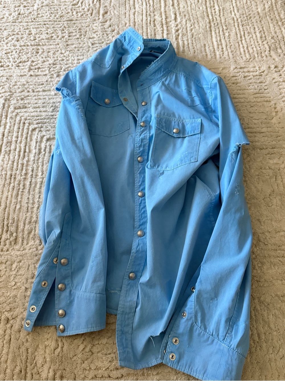 Balmain Light Blue Distressed Button-Front Shirt Jacket